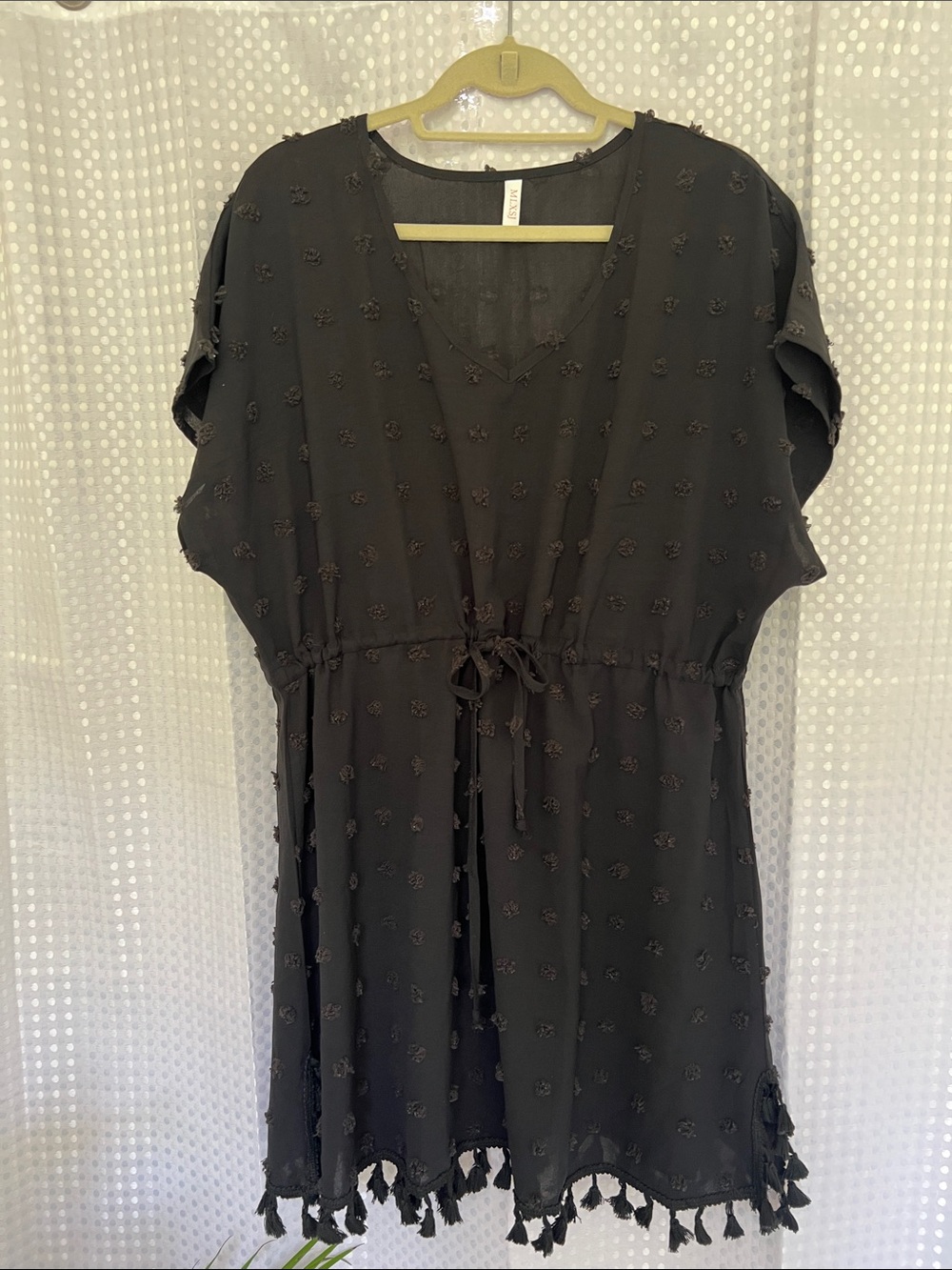 Black Short-Sleeve V-Neck Drawstring Cover-Up w/pom-pom effect with Tassel Hem